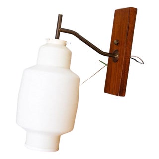 1960s Mid Century Modern Wall Sconce Lamp Lighting Walnut Brass White Shade Denmark Nm For Sale