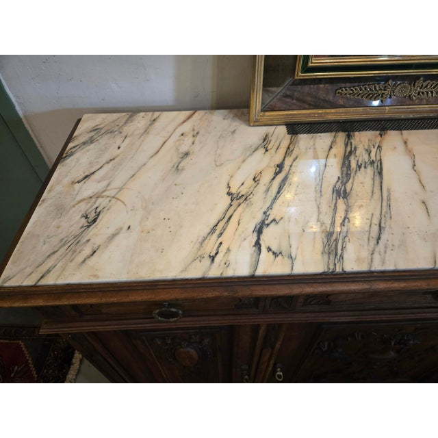 Antique French Louis XVI Style Walnut Sideboard / Buffet With Marble Top 3-Door Cabinet For Sale In New Orleans - Image 6 of 11