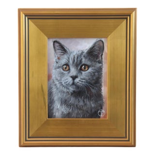 Gray Kitten Cat Portrait Painting Including the Antiqued Gold Wood Frame For Sale