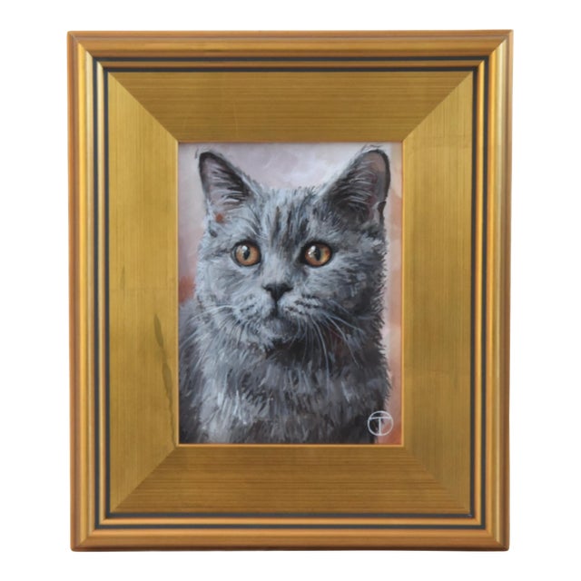 Gray Kitten Cat Portrait Painting Including the Antiqued Gold Wood Frame For Sale