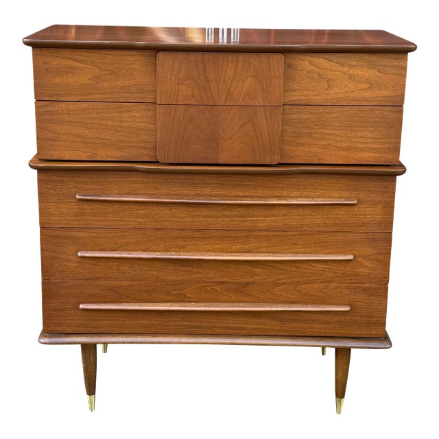 United Mid Century Walnut and Brass Highboy Dresser For Sale