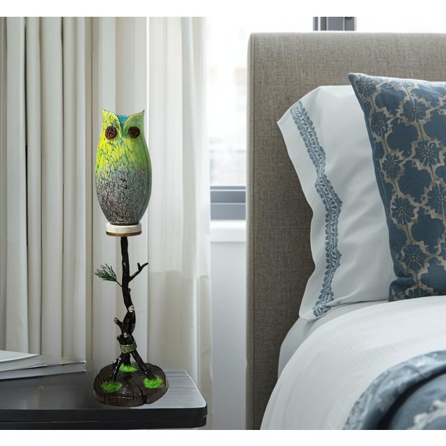 Metal Murano Art Glass Owl Perched on a Tree Branch Torchiere Lamp For Sale - Image 7 of 18