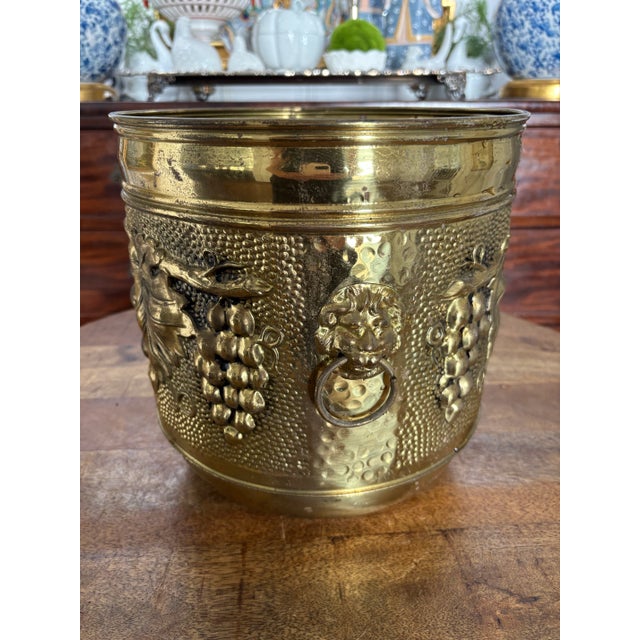 Brass Early to Mid Twentieth Century English Hammered Brass 10 Inch Planter With Grape and Leaf Design, Made in England For Sale - Image 8 of 8