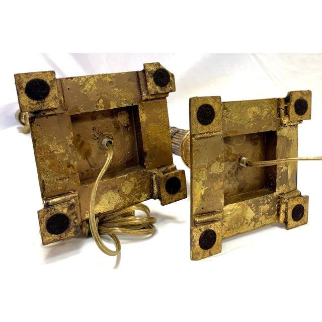 Vintage Hollywood Regency Style Gold Leaf Column Candlestick Lamps- A Pair For Sale - Image 14 of 18