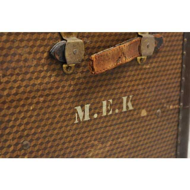 Antique Belber Traveling Goods Brown Monogram Print Hard Case Steamer Trunk For Sale - Image 10 of 12