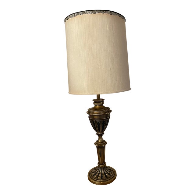 Stiffel Mid-Century Modern Enamel And Brass Table Lamp With Shade Designed by Tommi Parzinger For Sale