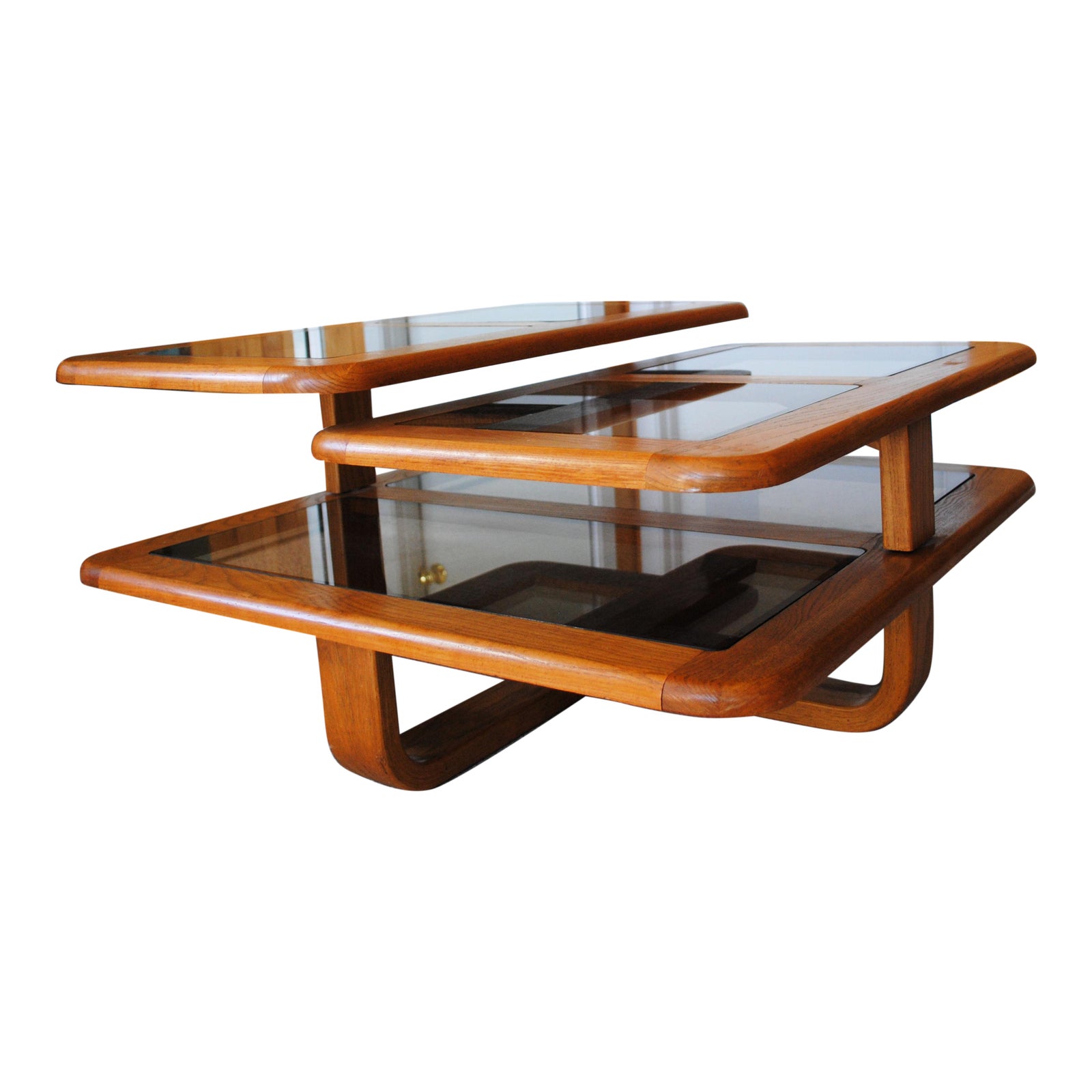 1980's Modern 3 Tier Oak Glass Swivel Coffee Table Chairish