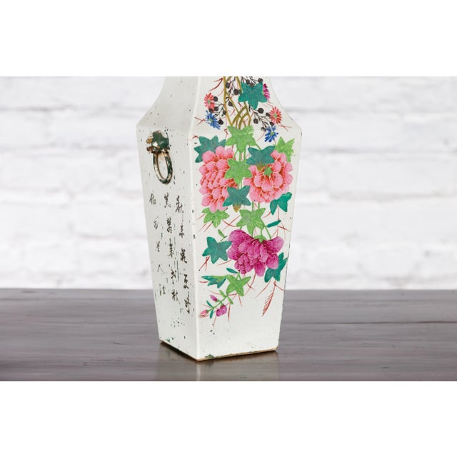 Chinese Qing 19th Century Altar Vase with Hand-Painted Flowers and Calligraphy For Sale - Image 9 of 12