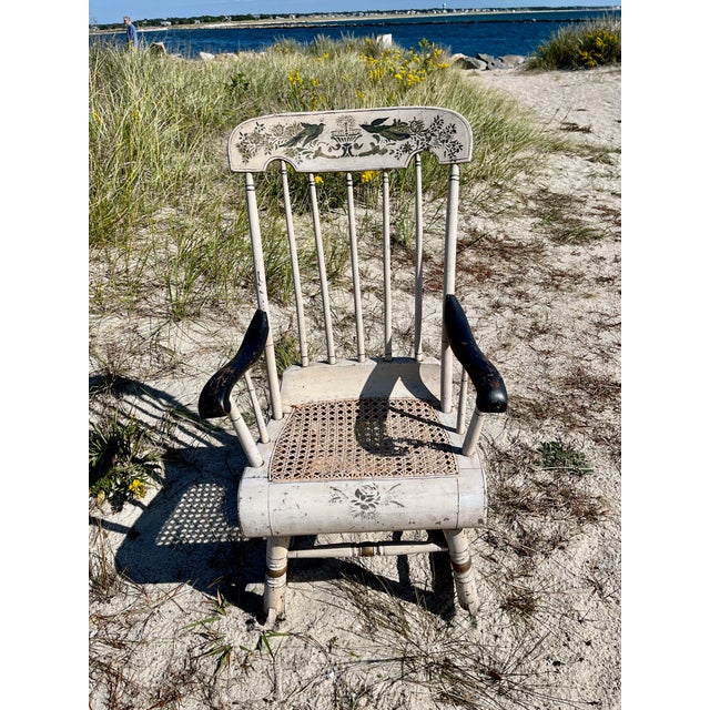 Antique Stenciled Boston Rocker With Caned Seat Birds & Fountain ...