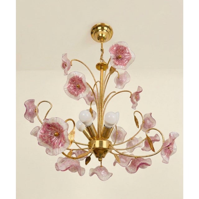 1970s Murano "Pink Lily" Sfumato Lily Chandelier in Brass – Italian Floral Glass Pendant For Sale - Image 6 of 7