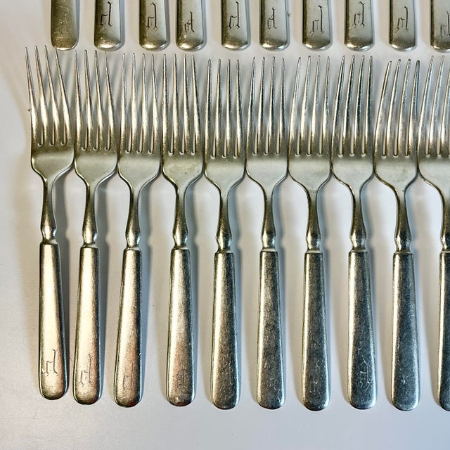 Metal Mid 1800s Antique English Boho Chic Monogrammed Silver Plate Knives and Forks - Set of 70 For Sale - Image 7 of 17