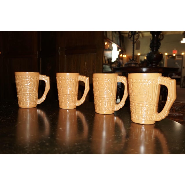 Spanish Revival Vintage Spanish Revival Embossed Ceramic Pitcher & Four Mugs – 5 pcs For Sale - Image 3 of 9