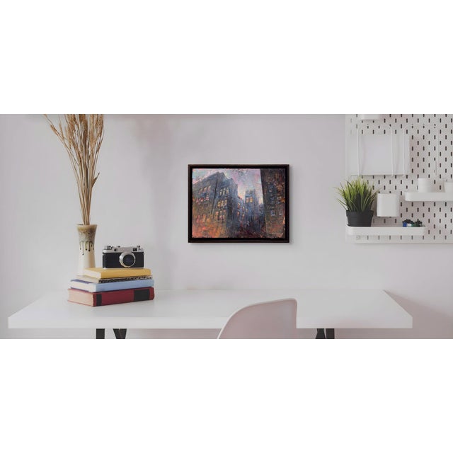 Early 21st Century Understanding of Bat Wing Revolution by Josh George | Mixed Media on Wood Panel Urban cityscape at dusk For Sale - Image 5 of 5