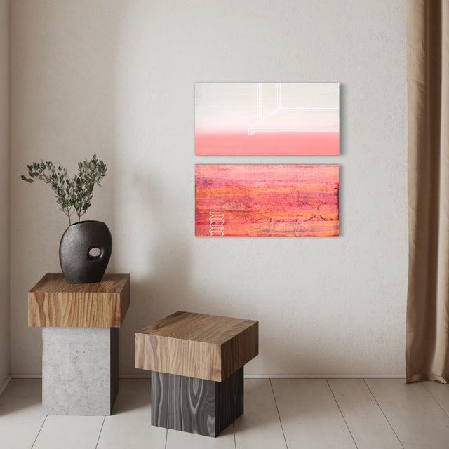 A pale, atmospheric grey sky gives way to a rich, unhurried band of coral and rose across the lower half of this two-panel...