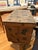 Vintage wooden storage chest, a Japanese tea shipping chest (chabako) or a primitive storage box featuring stamped...