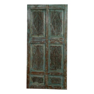 Antique Teal Carved Wooden Door | Indian Geometric Panel Rustic Barn Door 80x38 For Sale