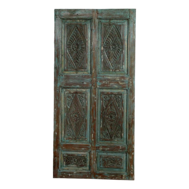 Antique Teal Carved Wooden Door | Indian Geometric Panel Rustic Barn Door 80x38 For Sale