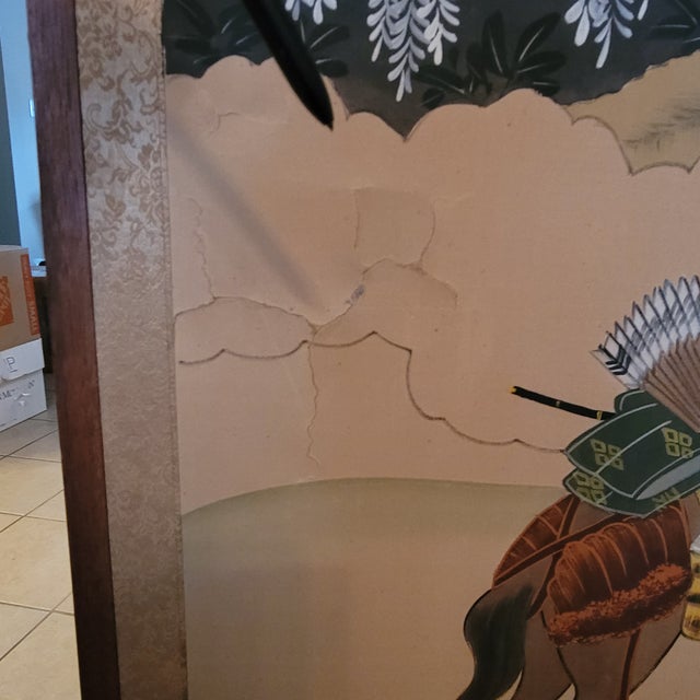 Mid-20th Century Japanese 4-Panel Silk Brocade Byōbu Screen - "Tale of Genji" Scene For Sale - Image 9 of 12