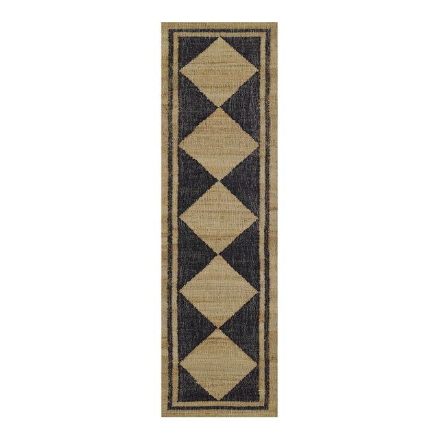 Erin Gates by Momeni Orchard Court Checker Black Hand Woven Wool and Jute Area Rug 2'3" X 8' Runner For Sale