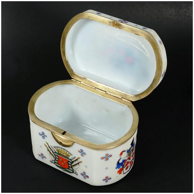 19th Century Antique Bohemian Opaline Glass Box Armorial Hand Painted Coat of Arms For Sale - Image 10 of 11
