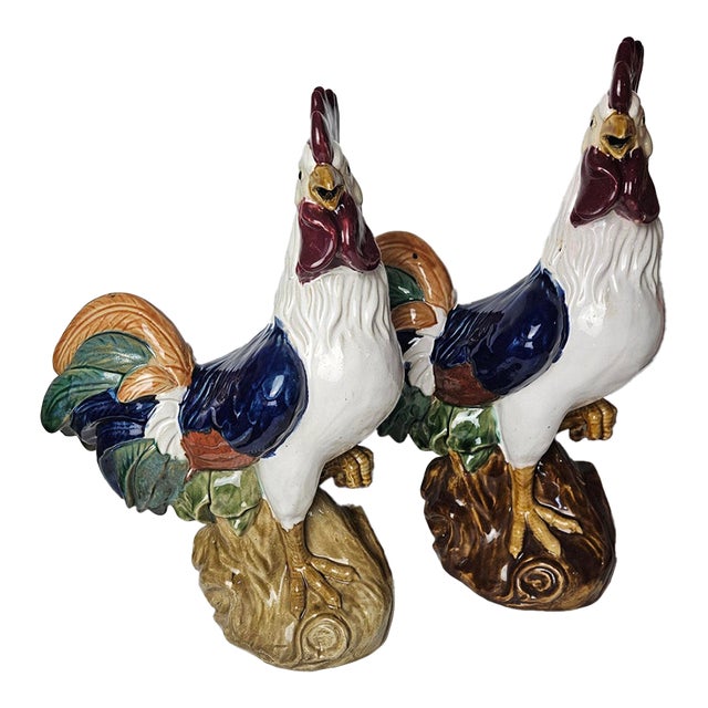 Pair of Large Vintage Majolica-Style Ceramic Rooster Sculptures – 17" Tall For Sale