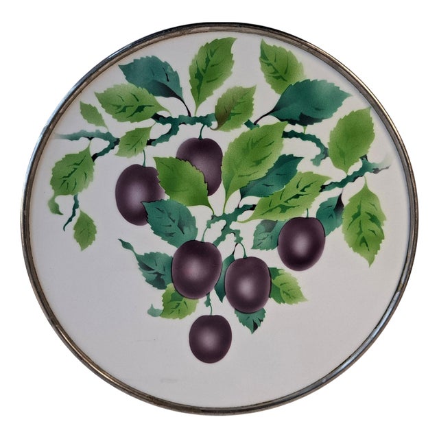 Art Deco Porcelain Tray with Plum Motif and Metal Rim, Czechoslovakia, 1930s For Sale