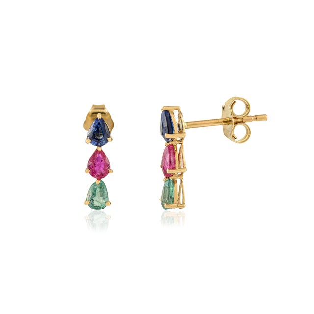 Minimalism Natural Emerald Ruby & Sapphire Stud Earrings in 14k Gold- 2 Pieces For Sale - Image 3 of 11