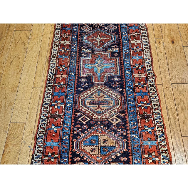 Navy Blue Antique Persian Heriz Serapi Runner Rug, Hand-Knotted Wool, Geometric Pattern, Navy & Red,4x12 For Sale - Image 8 of 11