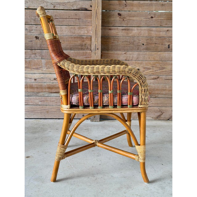 McGuire Vintage French Wicker & Rattan Armchair With Paisley Cushion For Sale - Image 4 of 12