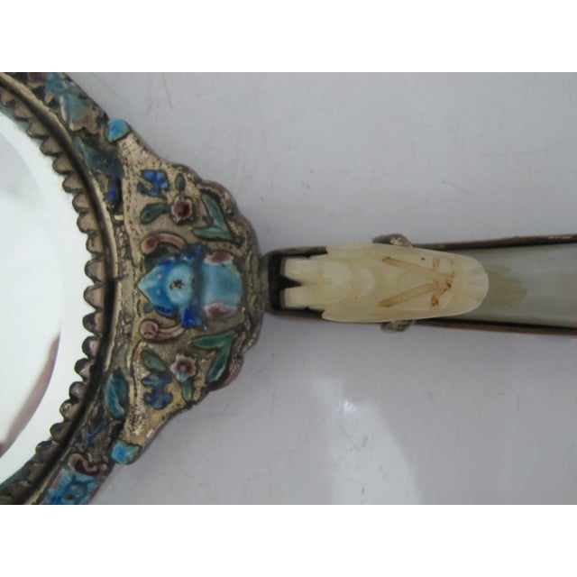 Antique Chinse Silver Turquoise Enamel Animal Woodland Design Jade Handle Mirror For Sale - Image 10 of 13