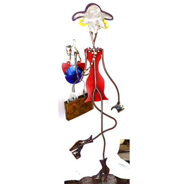 1980s 1980s Kat Hogan and Jerome Ellis Sculpture Metal and Fused Glass Woman on Shopping Spree 55 In. Height For Sale - Image 5 of 8