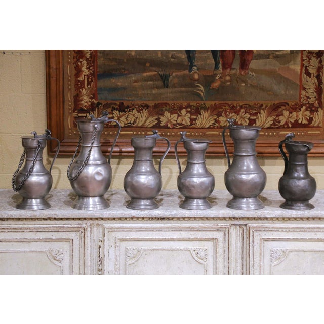 Metal 19th Century French Pewter Lidded Measures With Chain Handles, Set of Six For Sale - Image 7 of 15