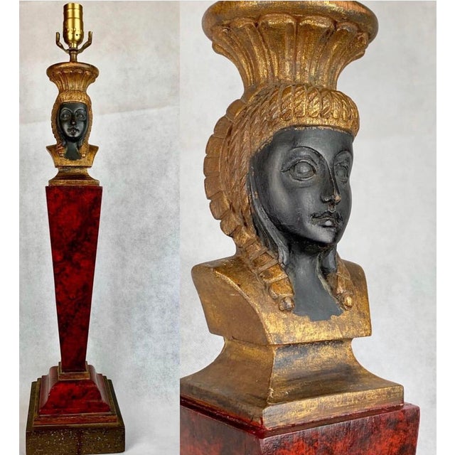 Egyptian Revival Carved Wood Faux Finish Lamp in Reds & Blacks-1920s For Sale - Image 11 of 15