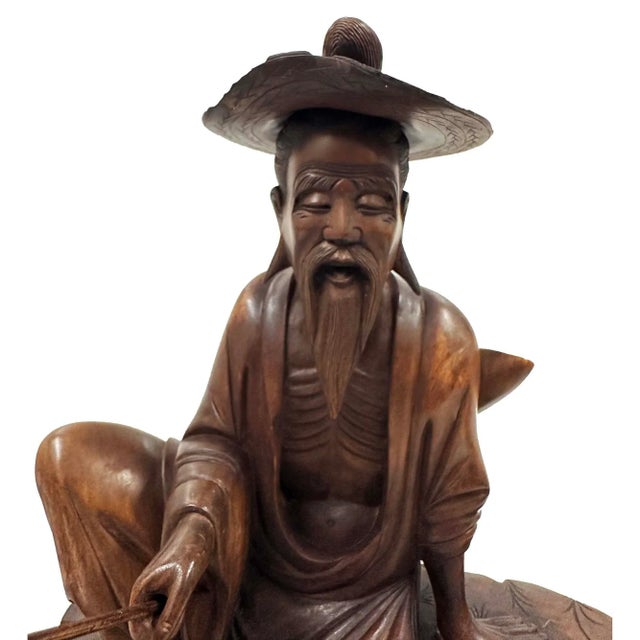 Wood Mid-20th Century Chinese Wooden Carved Jiang Taigong Fishing Statue For Sale - Image 7 of 13