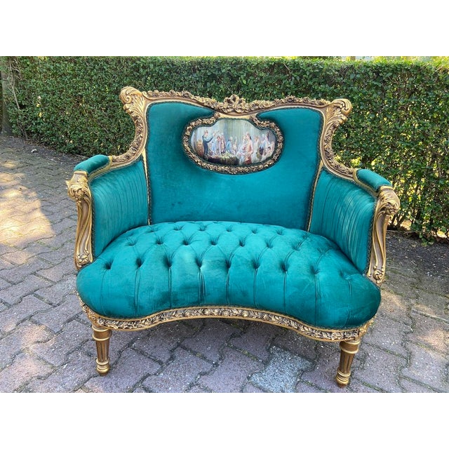 This elegant French Louis XVI Corbeille settee dates to approximately 1980. Artisan-made in France, it combines a finely...