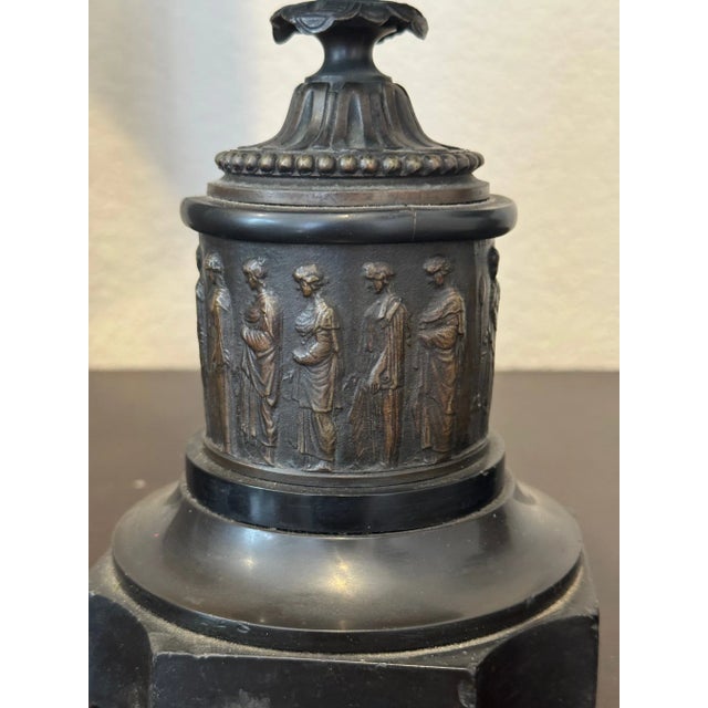 Black Pair of 19th Century Bronze Neoclassical Tazza Urns on Black Marble Bases For Sale - Image 8 of 8