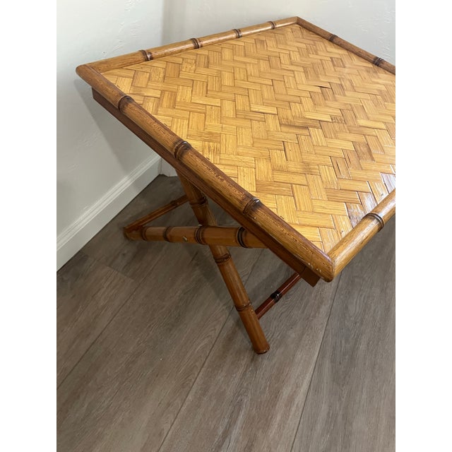 1970s Mid-Century Modern Handcrafted Rectangular Bamboo Serving Table With a Sturdy X-Base For Sale - Image 9 of 12