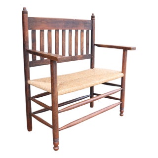 Antique Dutch Arts and Crafts Wooden Bench with Woven Rush Seat, 1900 For Sale