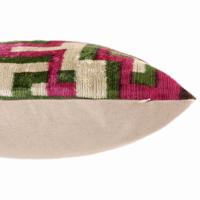 2020s Modern Geometric Silk Velvet Pillow 20x20 | Handmade Pink & Green Designer Cushion For Sale - Image 5 of 8