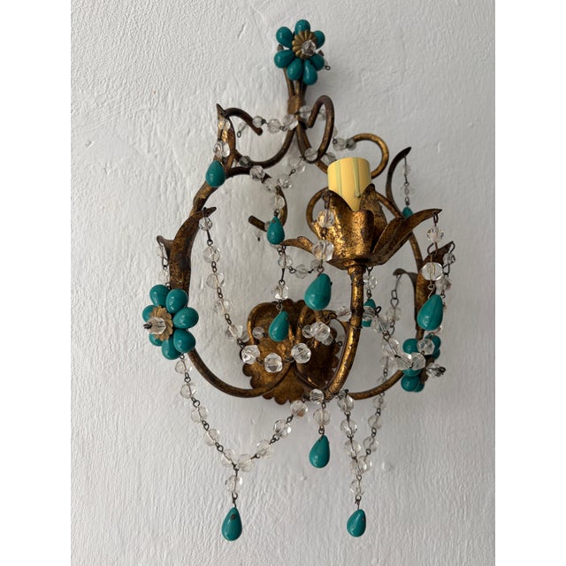 French Turquoise Green Murano Beads Rock Crystal Swags Sconces For Sale - Image 6 of 7