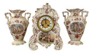 Antique Porcelain Mantle Clock Garniture Set, 1890, Set of 3
