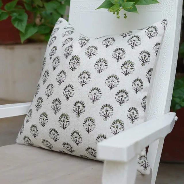 Art Deco Floral Print Water Replicant Cushion Cover 20x20 Inch Cotton Linen- Inderjeet For Sale - Image 3 of 6