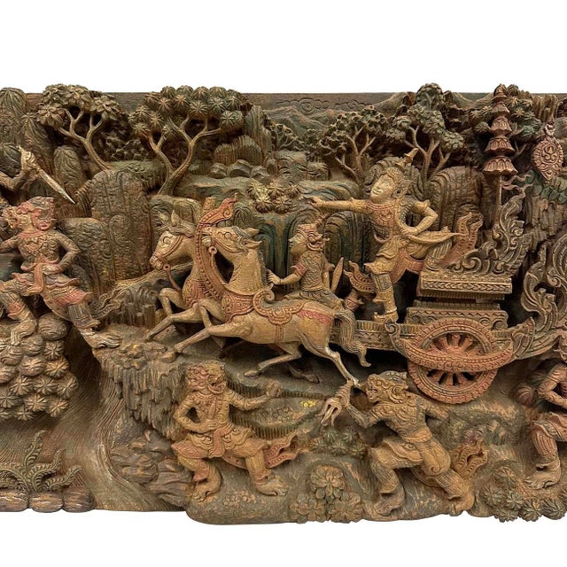 Early 20th Century Ramayana Scene Wood Carving, Wall Hanging For Sale - Image 4 of 8