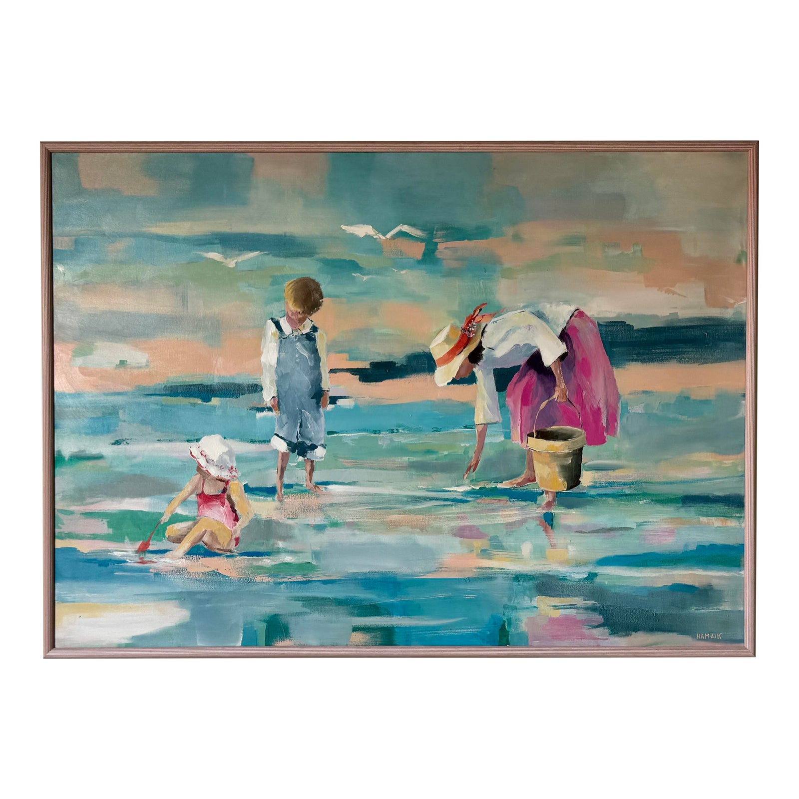 Large 1980s Vintage Mother and Children at the Shore Acrylic on