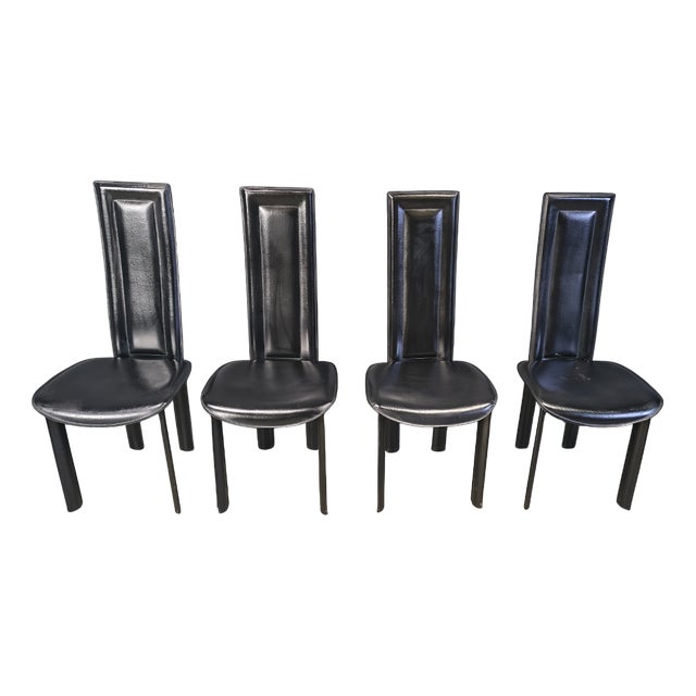 Vintage Black Leather Dining Chairs, 1980s, Set of 4 For Sale
