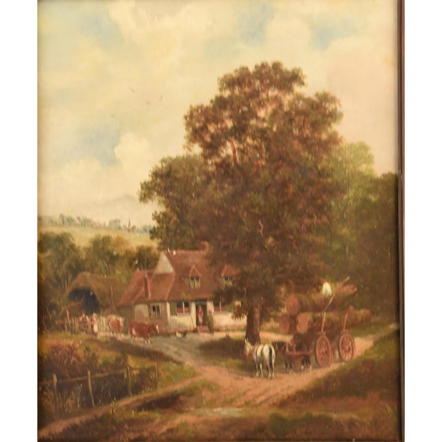 This signed 36" x 30" oil on canvas painting depicts a bustling rural homestead scene under a soft, luminous sky. The...