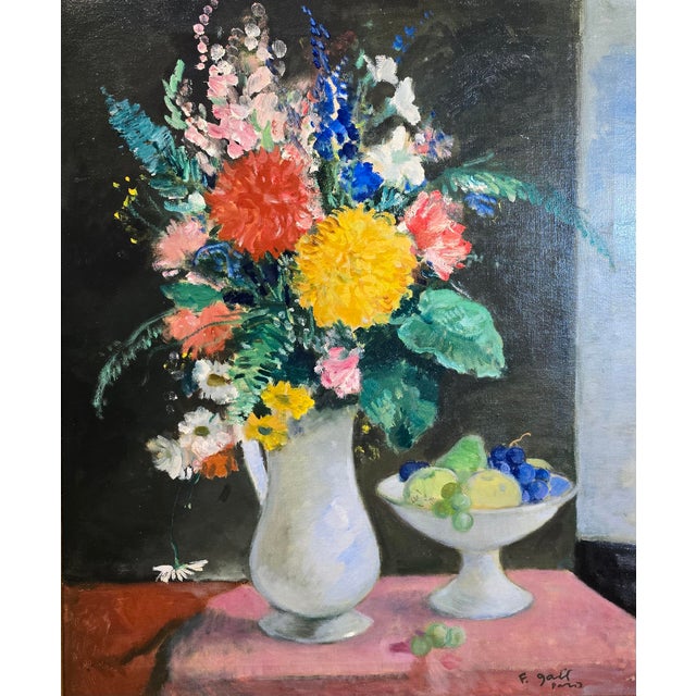French François Gall -Bouquet of Flower & a Fruits Bowl -1930s Still Life Oil Painting For Sale - Image 3 of 10