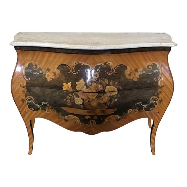 French Marble Topped Louis XVI Bombe Commode With Intricate Marquetry For Sale