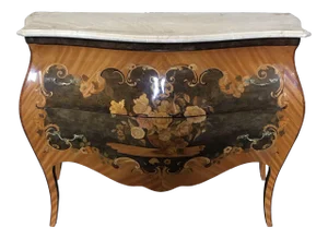 French Marble Topped Louis XVI Bombe Commode With Intricate Marquetry