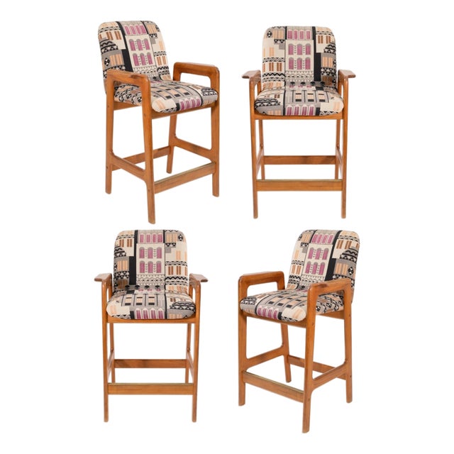 Set of 4 Mid Century Benny Linden Teak Barstools With Geometric Upholstery 1990s For Sale